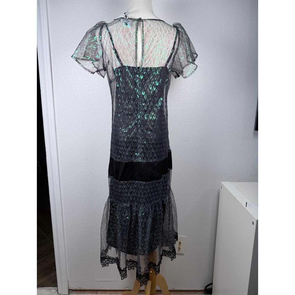 Vintage Inspired Iridescent Peacock Lace Drop Waist Flapper Midi Dress 4 - Picture 3 of 12